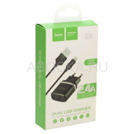 Зарядное устройство Hoco C12 2USB 2.4 Ампера + кабель Lightning (Айфон), черный