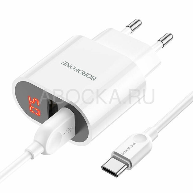 Зарядное устройство BA63A / Набор с кабелем Type-C / с двумя выходами USB 2.4A / Цифровой дисплей / белый