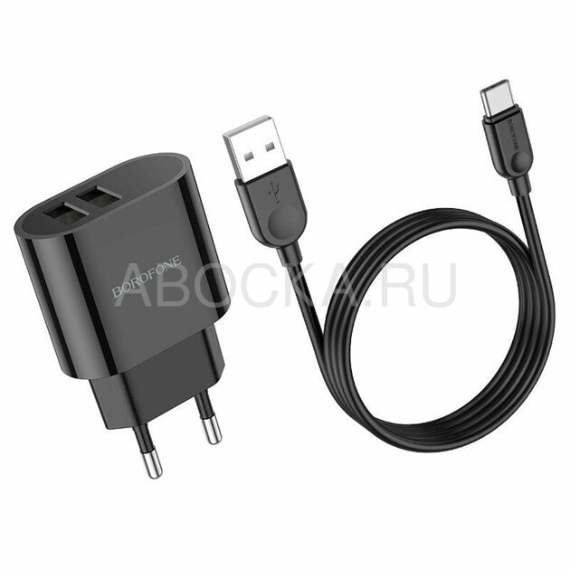 Зарядное устройство BA63A / Набор с кабелем Type-C / с двумя выходами USB 2.4A / Цифровой дисплей / чёрный